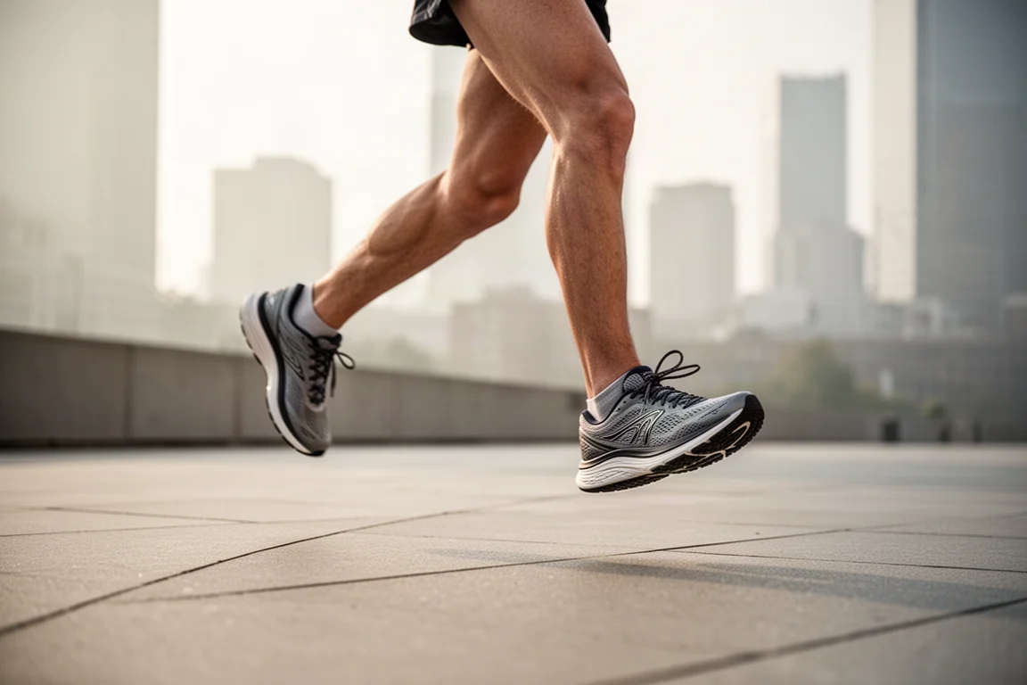 Coureur évoluant sur un trottoir urbain à une allure d'entraînement quotidienne facile