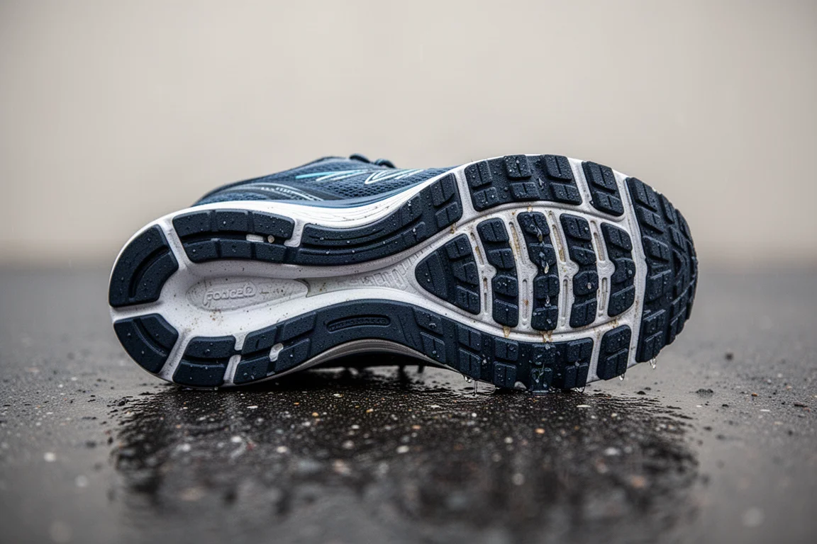 Motif de semelle d'une chaussure de running posée sur du trottoir mouillé montrant l'adhérence de la semelle extérieure