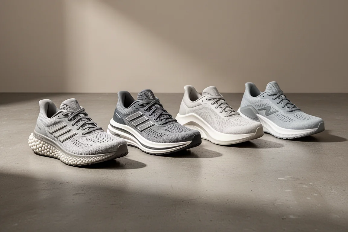 Five cushioned running shoes lined up on a concrete surface