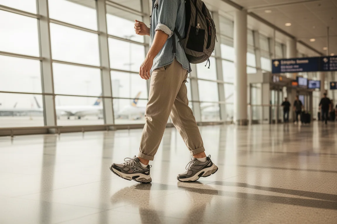 Runner che cammina in un affollato terminal aeroportuale con scarpe da running ammortizzate