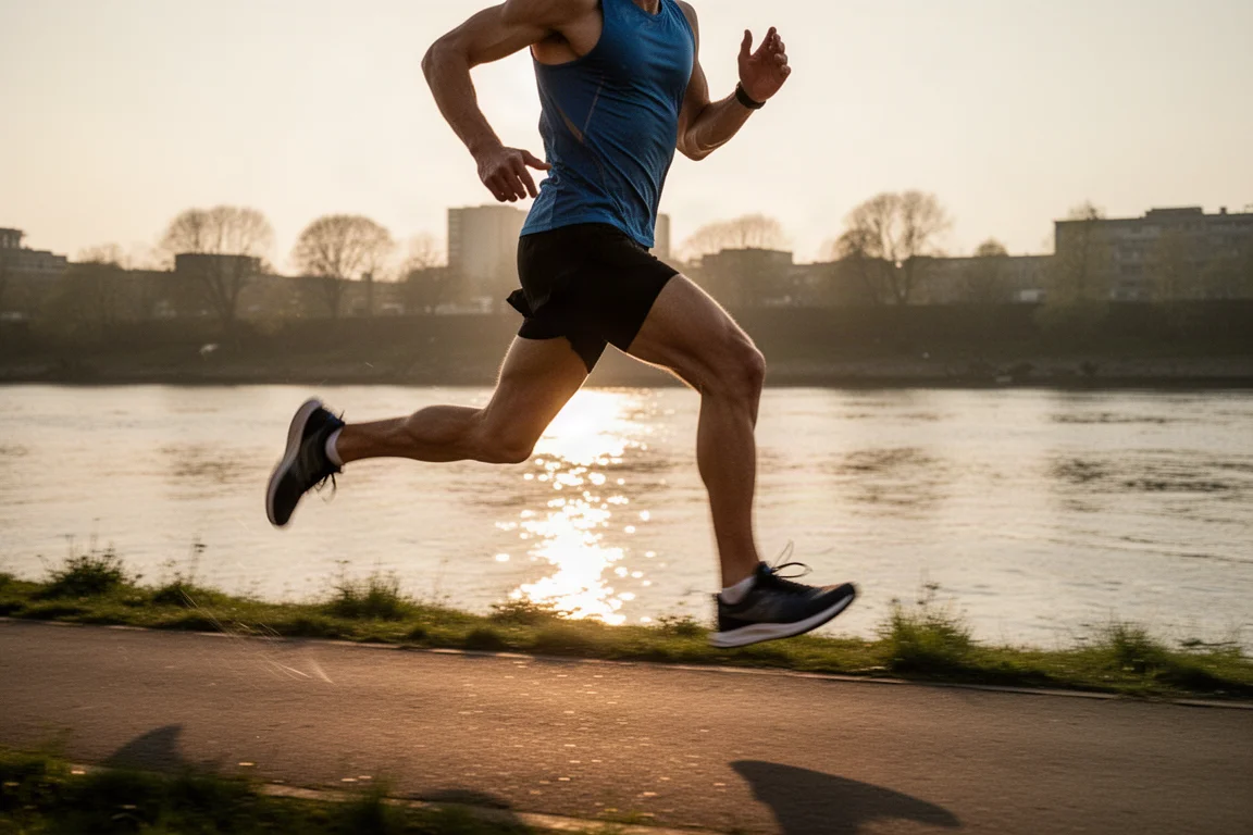 Runner che conclude una falcata veloce su un sentiero fluviale all'ora dorata