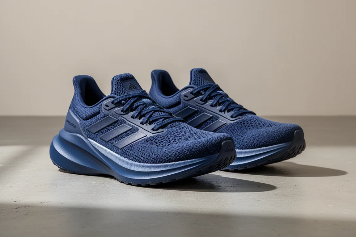 Coppia di scarpe da running blu con suola spessa su una superficie di cemento