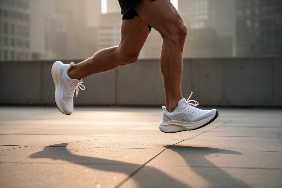 Hardloper op maximaal gedempte super schoenen die bij dageraad over glad stadsasfalt loopt