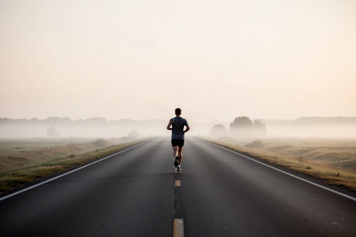 Hardloper die een gestaag tempo aanhoudt op een open, vlakke weg tijdens een duurtraining