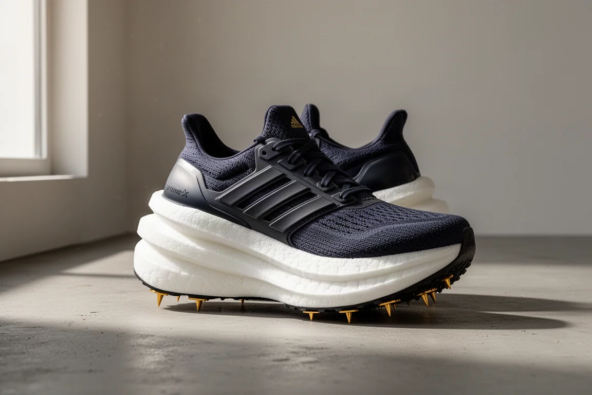 Adidas Prime X running shoe with tall foam stack on matte concrete surface