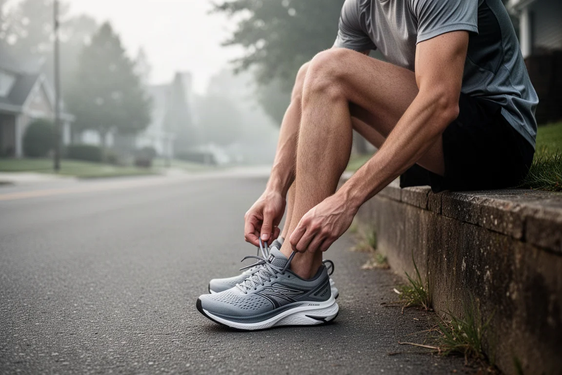 Un corredor atándose los cordones de una zapatilla de running de gran apilamiento en una carretera tranquila al amanecer