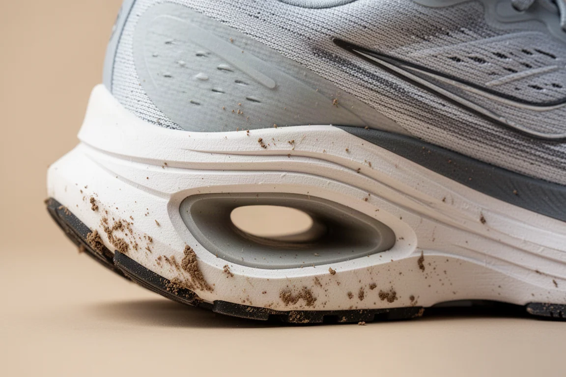 Primer plano de la mediasuela recortada de una zapatilla de running de gran apilamiento