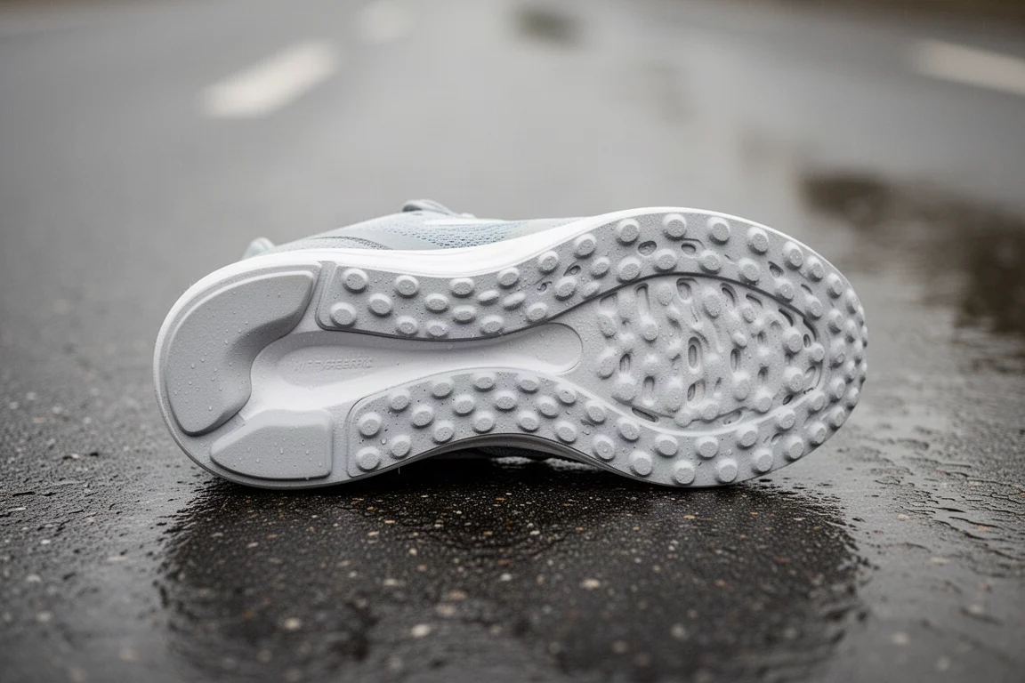 Suela exterior de una zapatilla de running con goma picada tras 100 millas