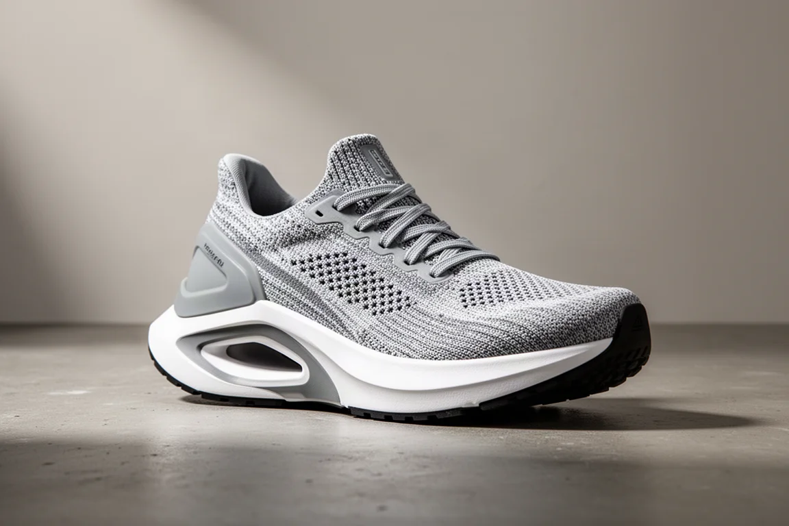 High-stack running shoe photographed at a three-quarter angle on concrete
