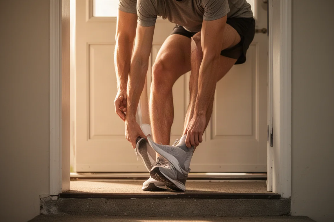 Hardloper stretcht op een stoep de ochtend na een lange run