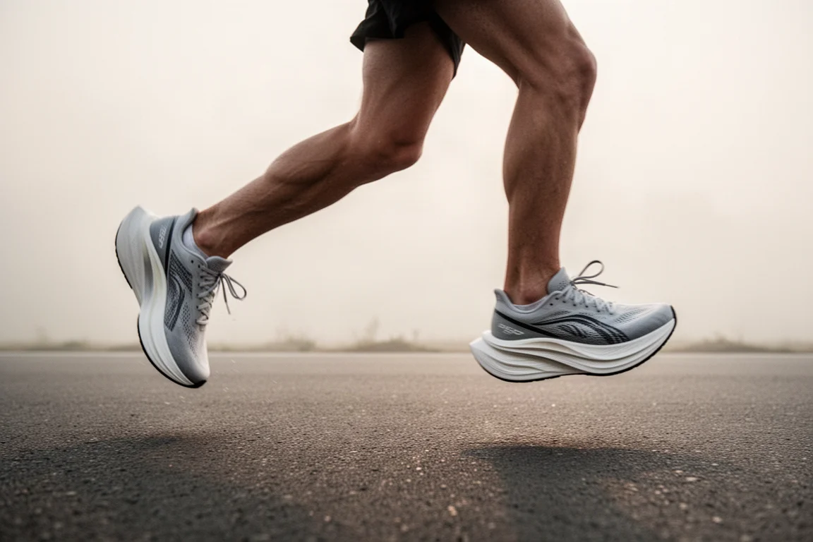 Coureur foulant sur une route d'asphalte lisse en lumière douce, portant des chaussures de course à semelle haute