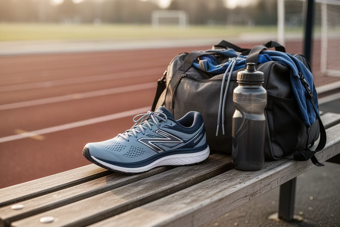 Athlète s'étirant et ajustant ses chaussures sur un banc au bord de la piste après une course