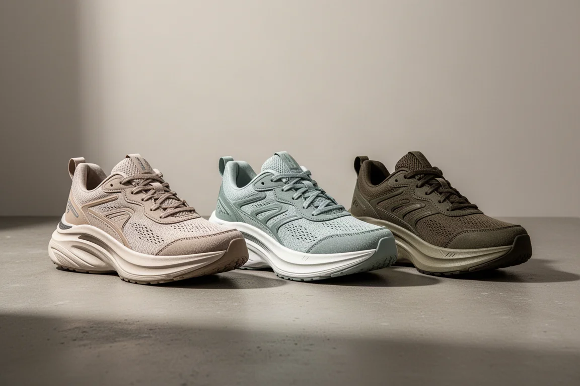 Trois paires de chaussures de running à semelle haute disposées sur une surface neutre en studio