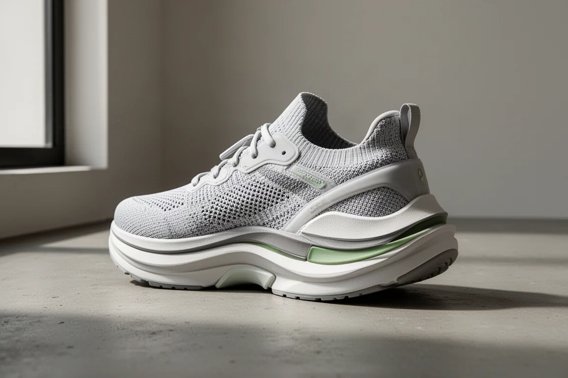 High-stack running shoe with layered midsole on a concrete surface