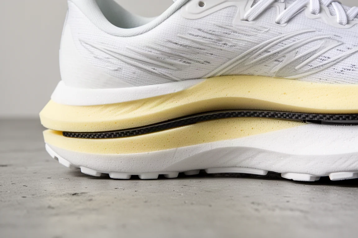 Close-up of a running shoe midsole showing layered foam and a carbon plate