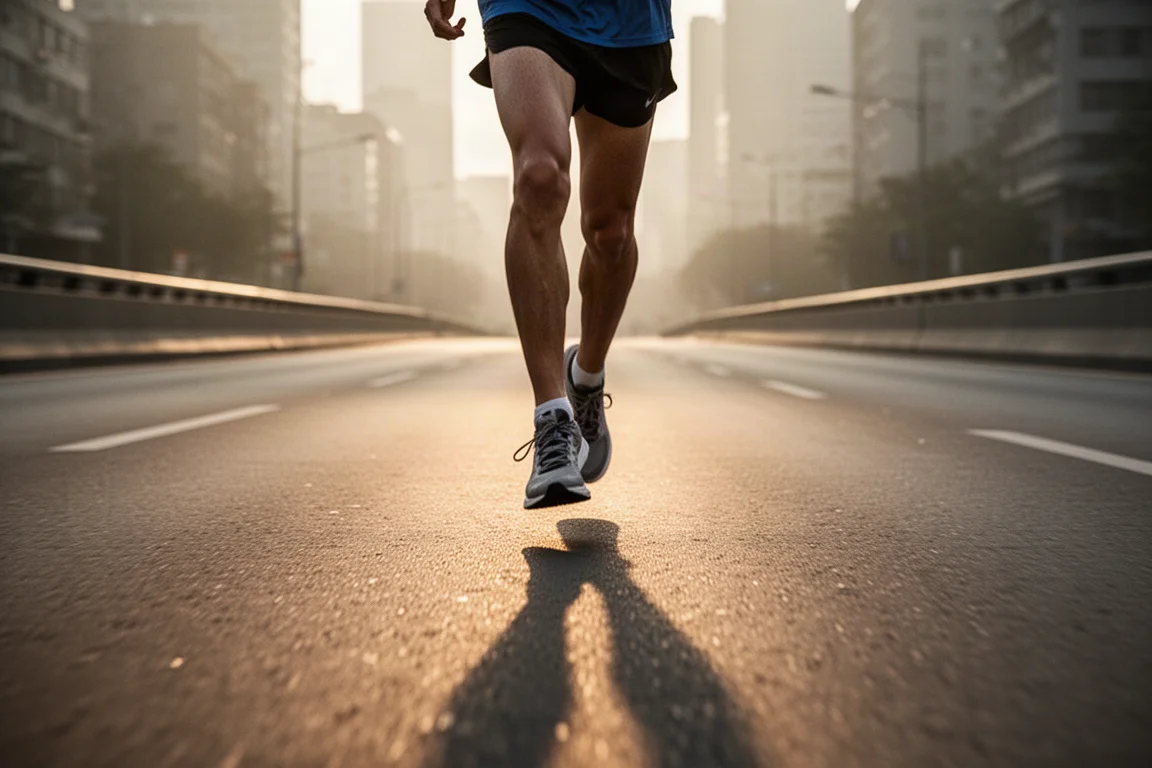 Runner striding on an empty road at dawn in soft light