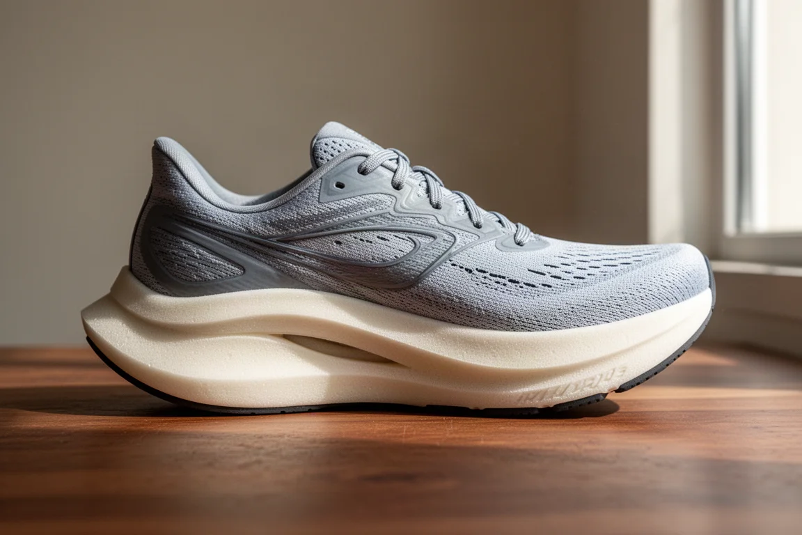 Stacked foam midsole of a running shoe with visible cutout and rocker profile