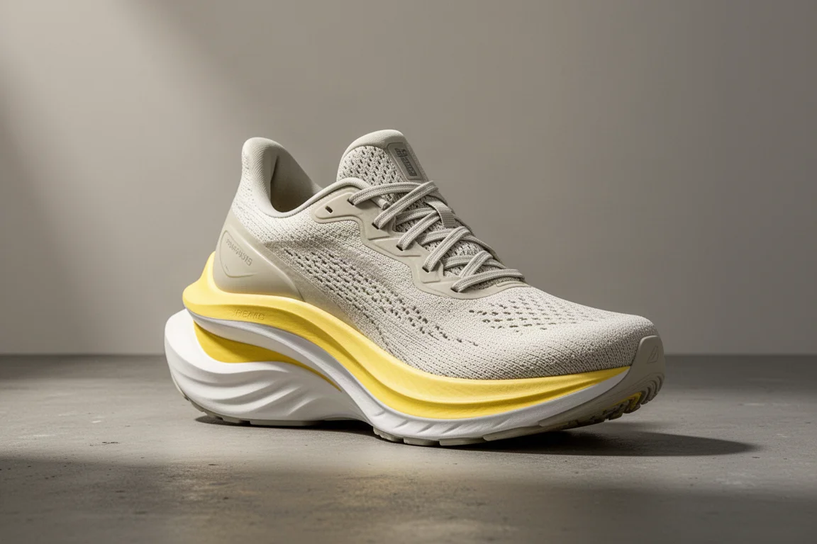 Tall-stacked running shoe with layered foam midsole on concrete