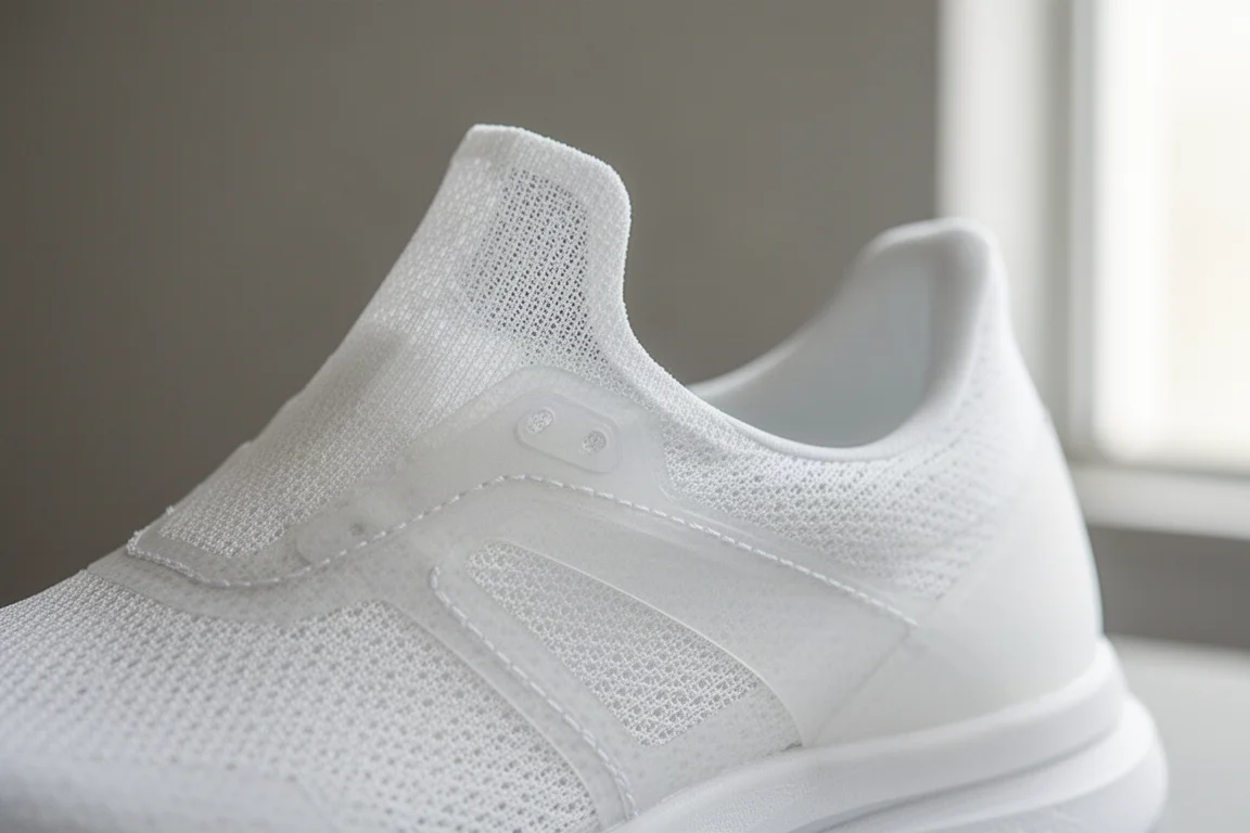 Primer plano de un empeine minimalista translúcido de zapatilla que muestra el material casi invisible