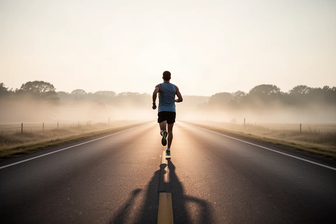 Corredor al amanecer en una carretera recta y abierta con una luz suave de mañana