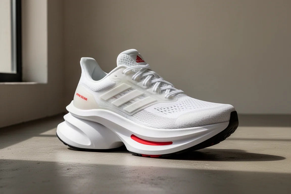 白色 Adidas Prime X Evo 跑鞋，有超高的鞋底厚度與紅色點綴，放置在水泥地上