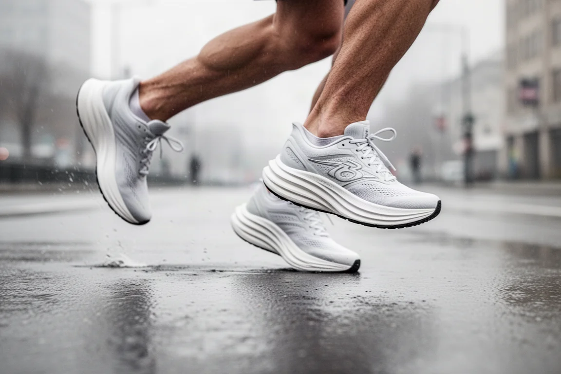 Runner's feet mid-stride on wet pavement in a maximalist cushioned running shoe