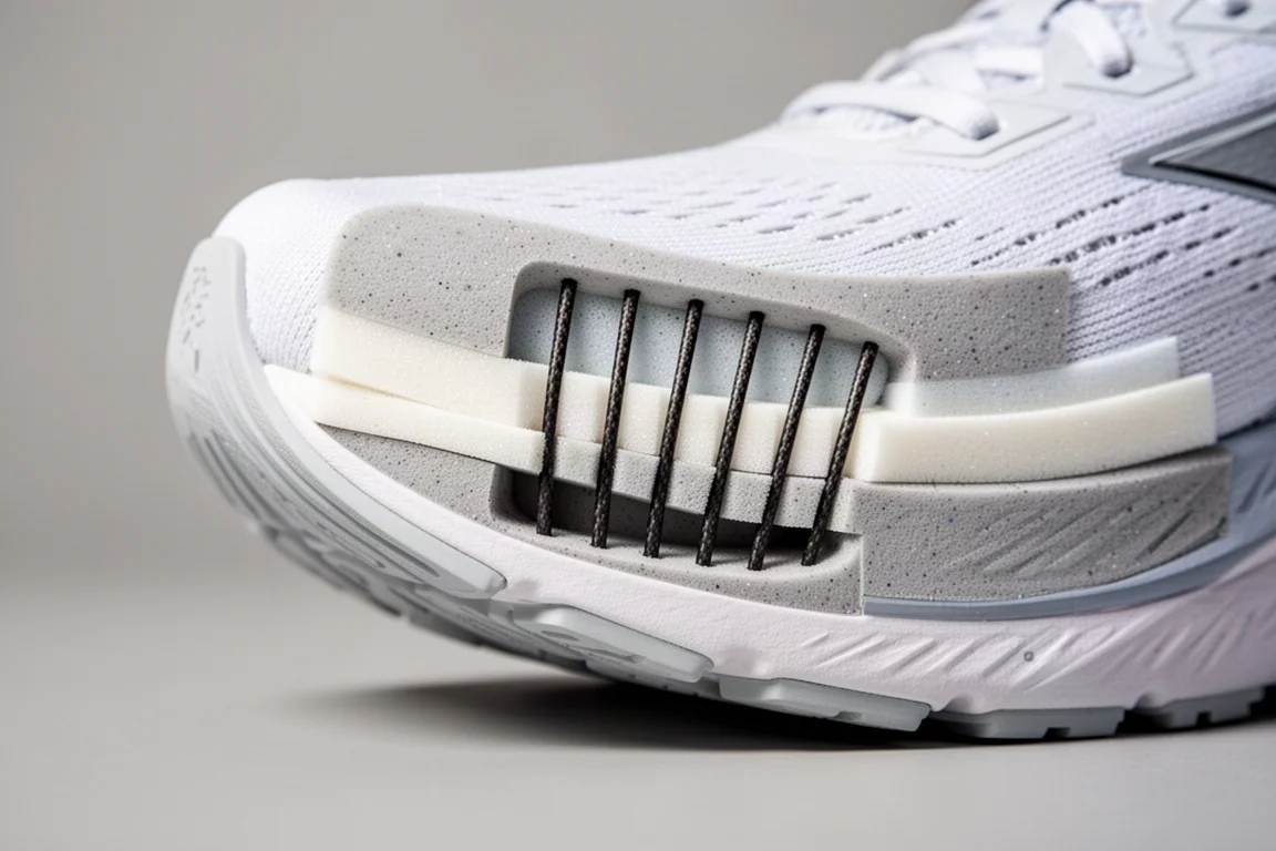 Close-up of a tall layered foam midsole with carbon rods visible in the forefoot