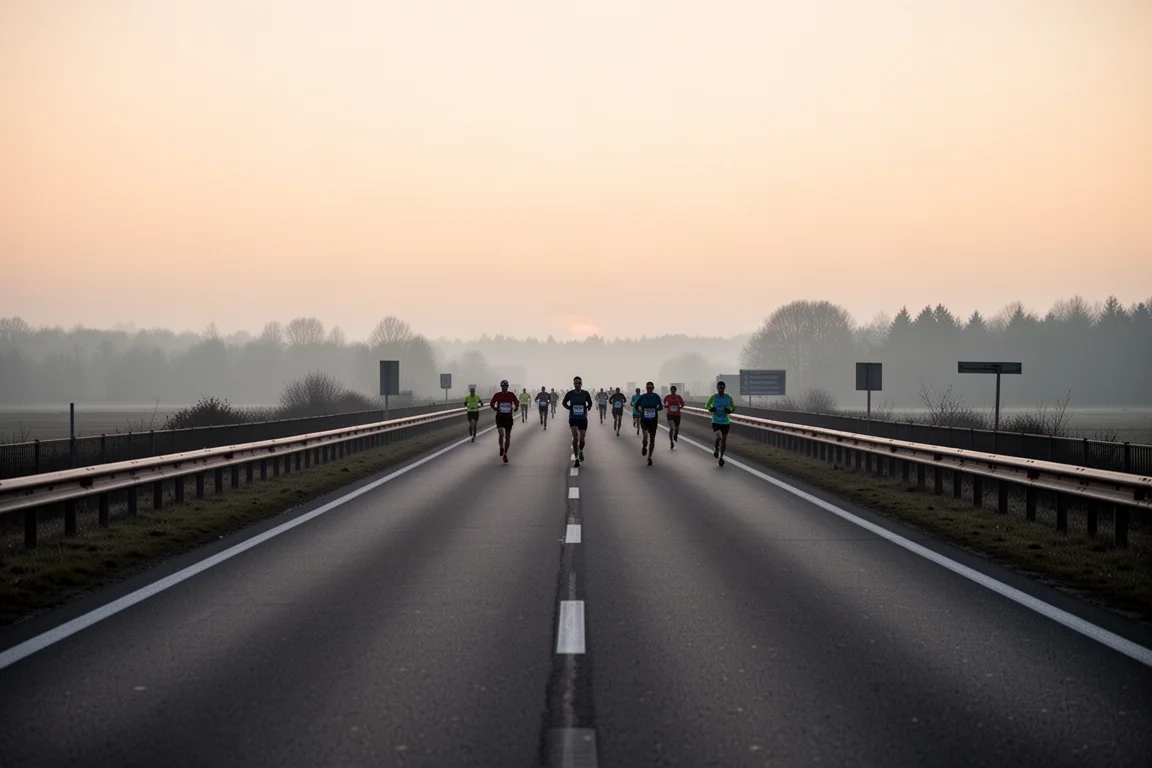 Marathon runners on a straight point-to-point road course at dawn