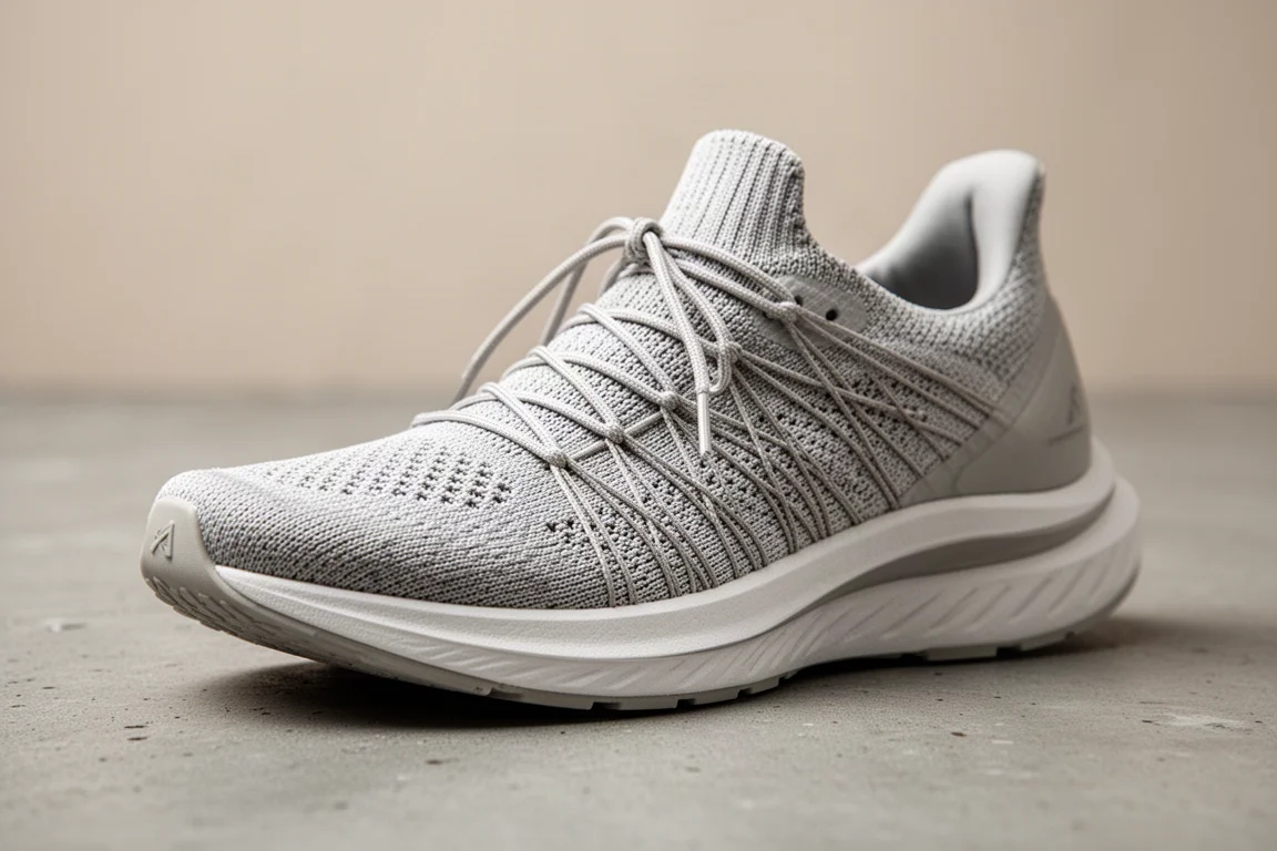 Primer plano de un empeine tejido estilo strung de una zapatilla de running apoyada sobre hormigón