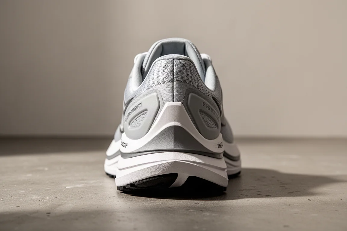 Vista trasera del talón de una zapatilla de running mostrando un amplio bisel sobre hormigón