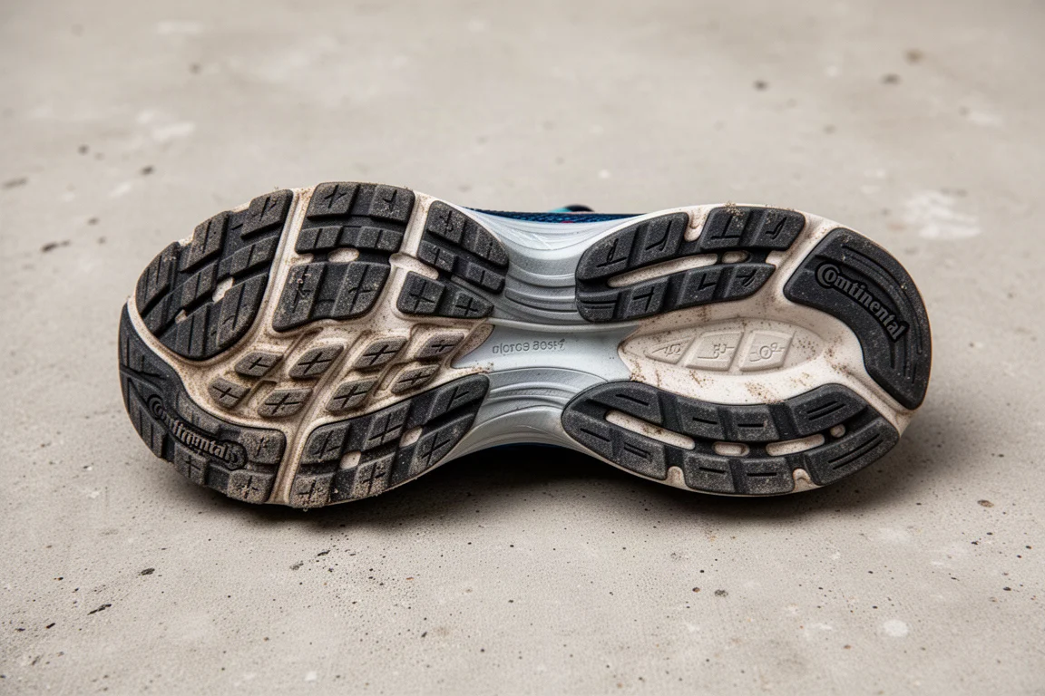 Suela exterior de una zapatilla de running tras 100 millas mostrando un desgaste mínimo