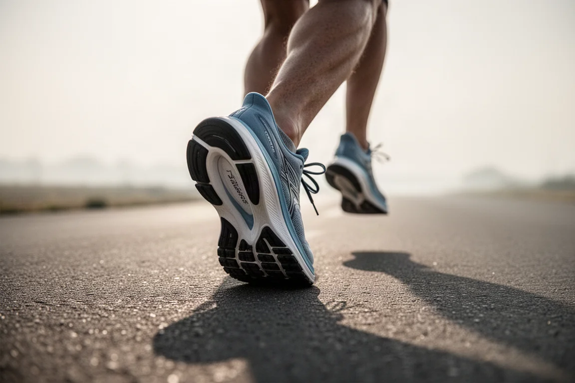 Runner's foot landing on the wide midfoot platform of a tall running shoe