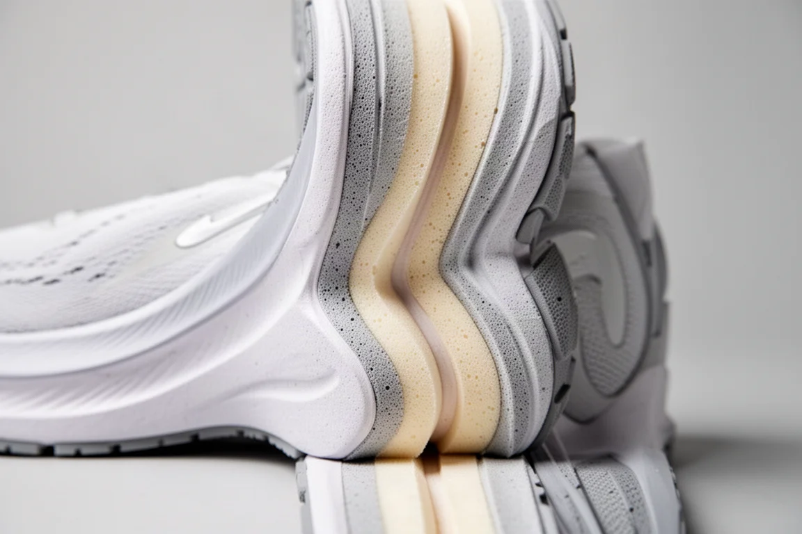 Close-up of a layered running shoe midsole showing three foam densities