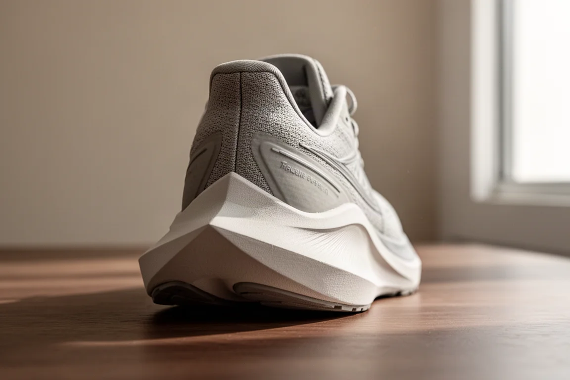 Heel of a running shoe showing a beveled lateral edge and wide base