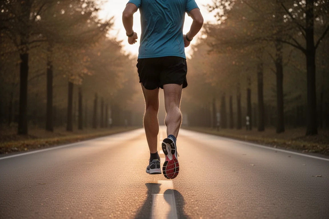 Runner finishing a long run on a quiet road at golden hour