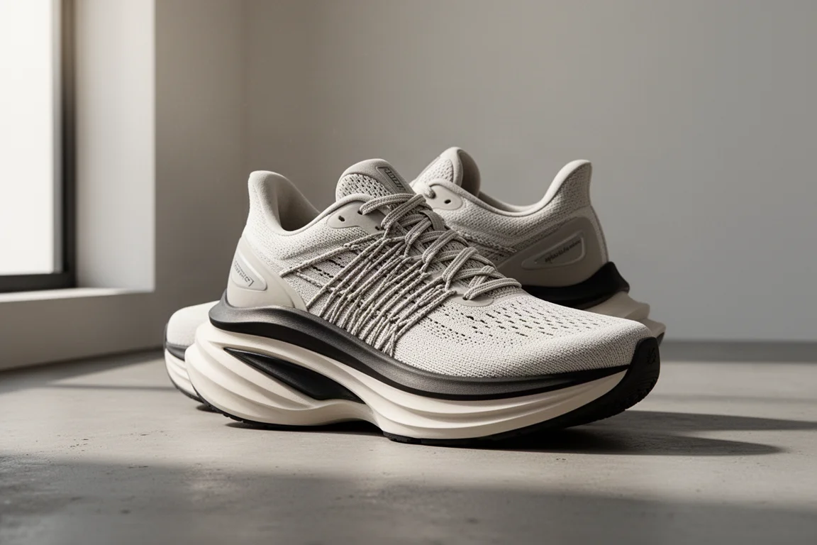Tall-stack running shoe with woven upper on a concrete surface