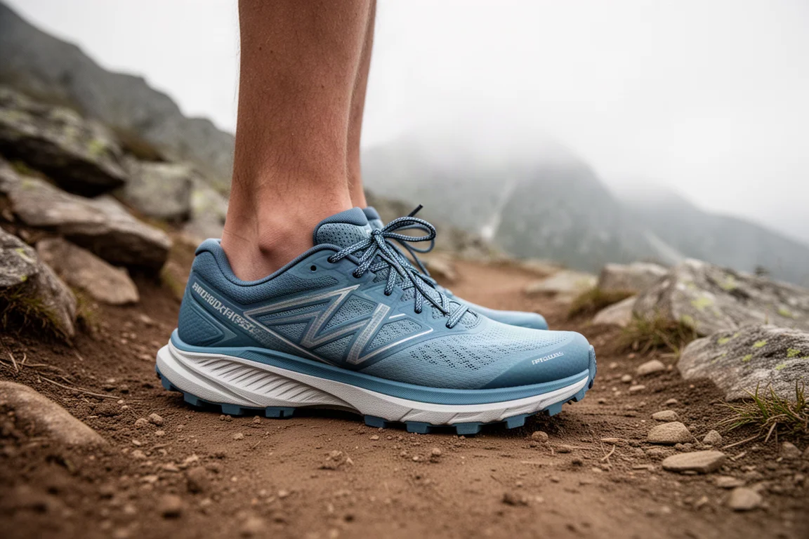 Einzelner Trailrunningschuh auf einem steinigen Trail mit sichtbarem breitem Mittelfuß