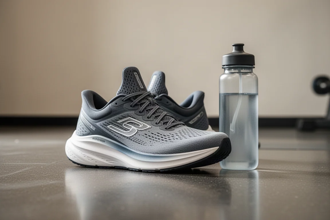 Breiter Max-Cushion-Schuh liegt neben einer Wasserflasche auf dem Fitnessstudio-Boden