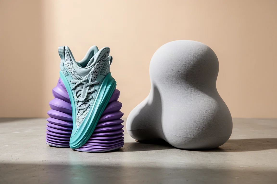 Two tall-stacked running shoes side by side on a concrete surface