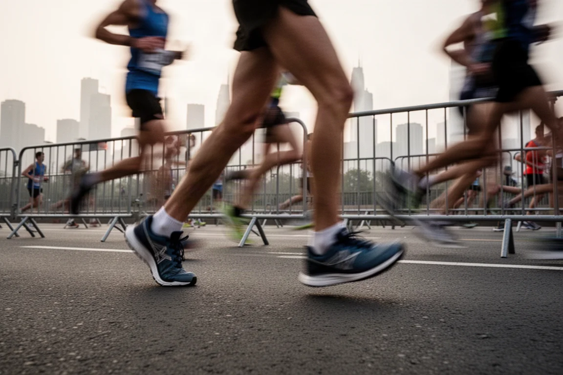 Linia startu maratonu szosowego w dniu wyścigu, z biegaczami przemykającymi w miękkim świetle