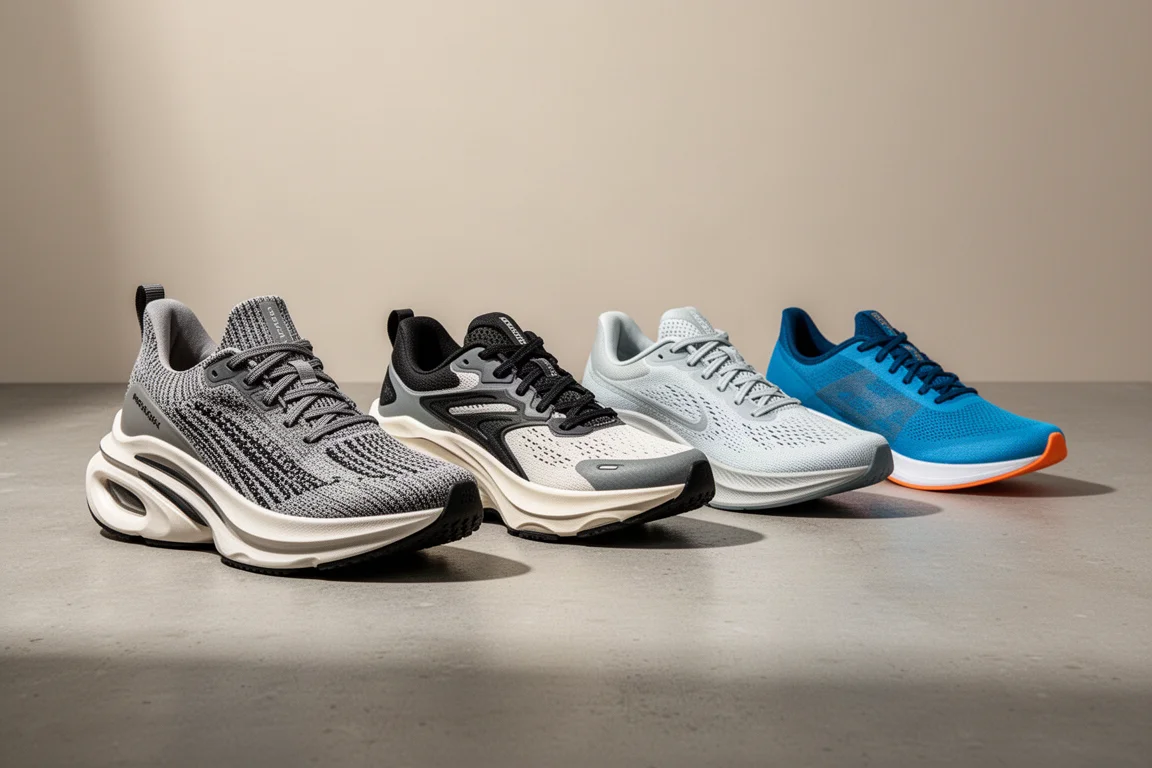 Four max-stack and racing running shoes arranged on a concrete surface