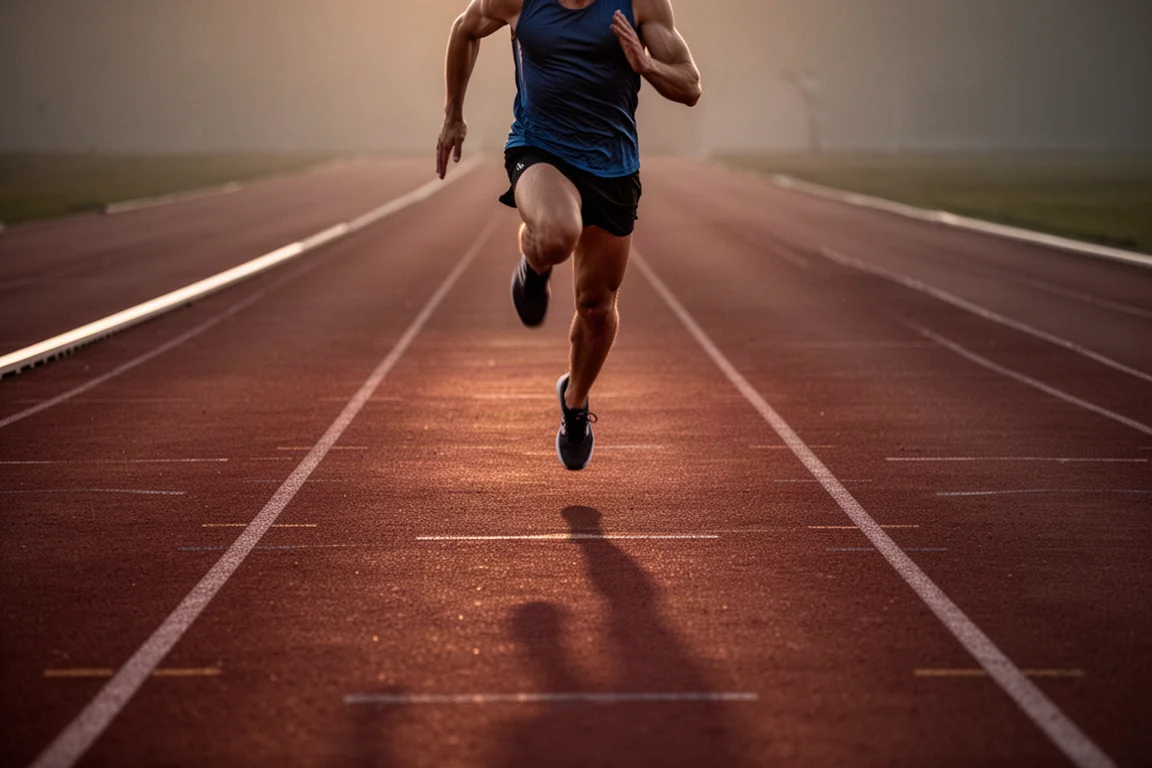 運動員在黃昏的田徑場上進行快節奏間歇跑