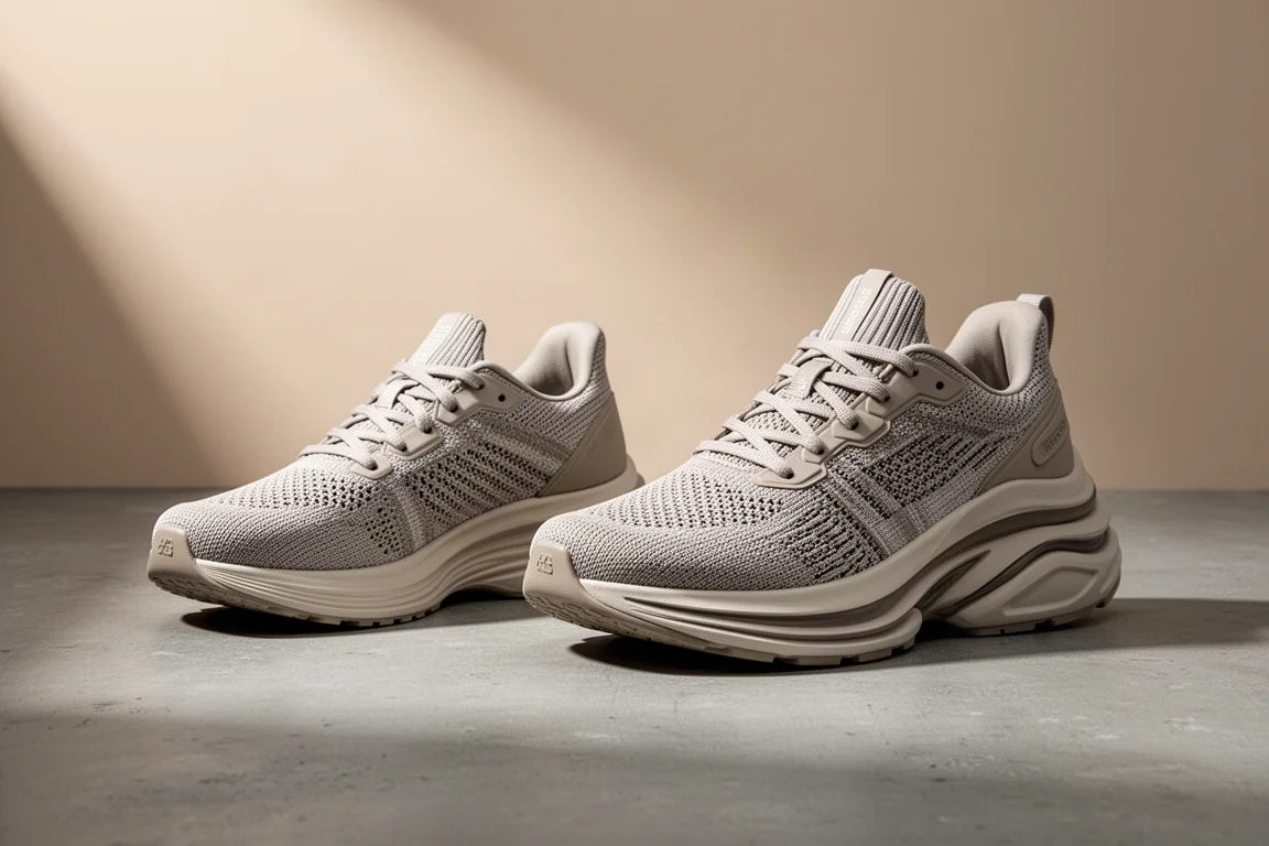 Two high-stack running shoes side by side on a matte concrete surface