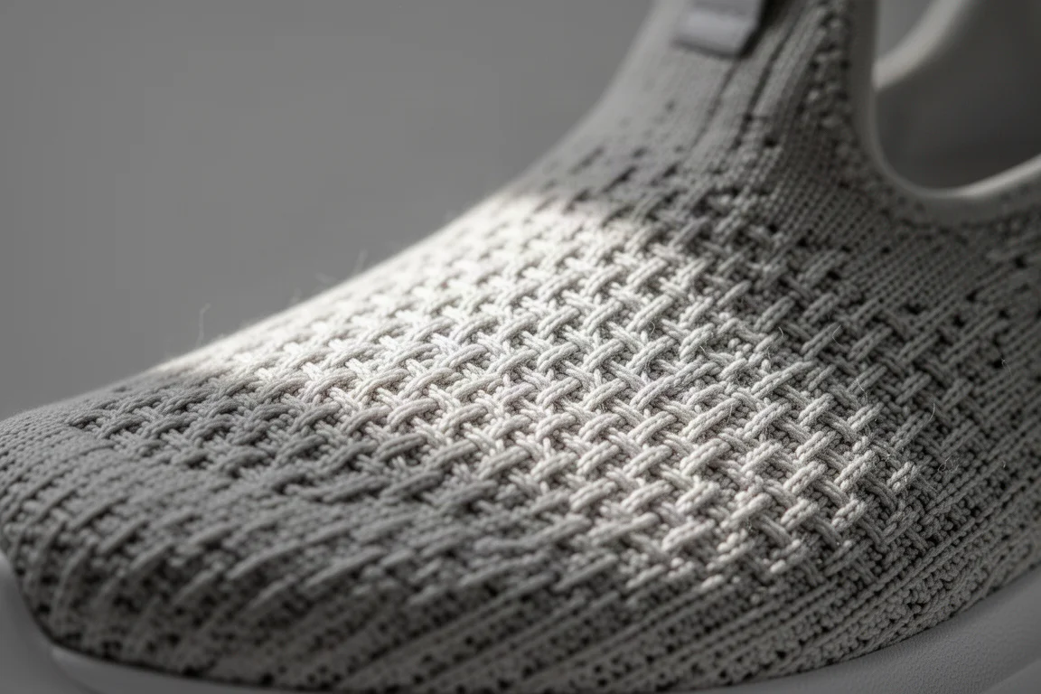 Close-up van een geweven Strung-bovenwerk op het bovenwerk van een hardloopschoen