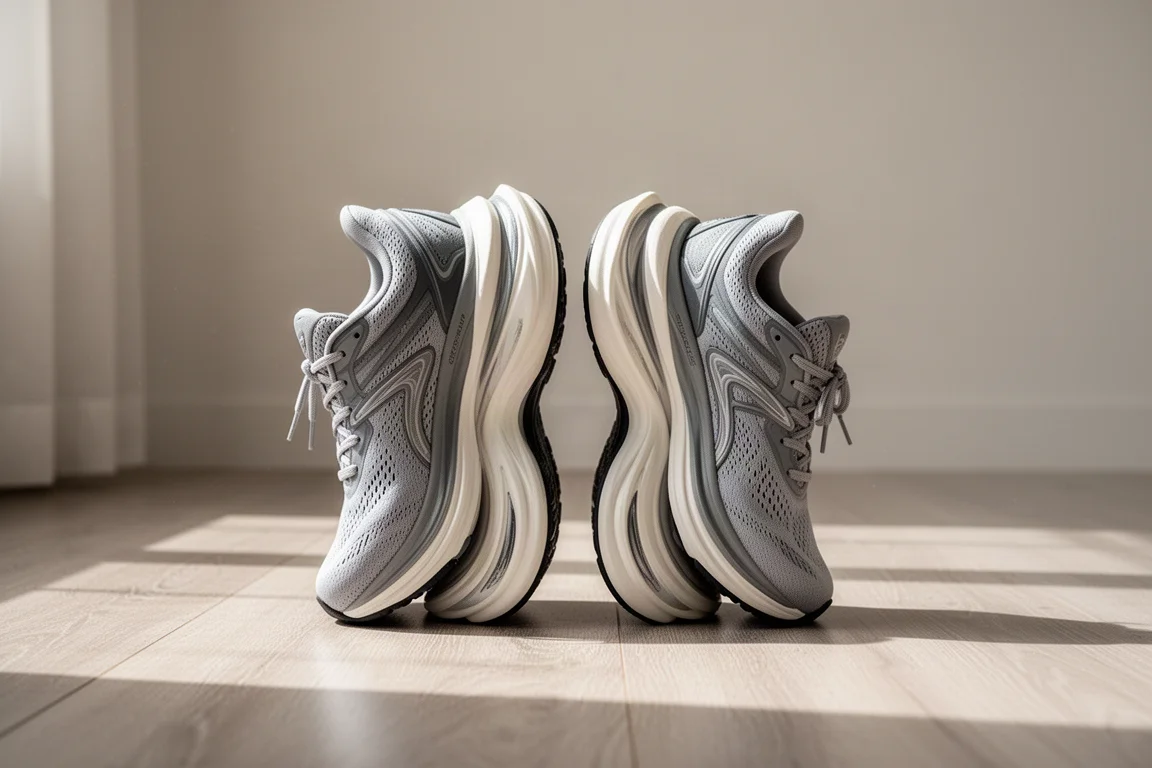 Twee hardloopschoenen naast elkaar op een houten vloer voor een vergelijking