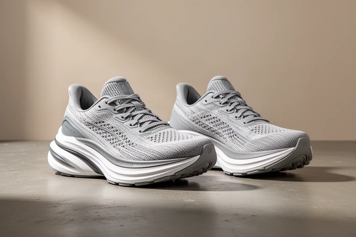 Two max-stack running shoes with thick foam midsoles side by side on concrete