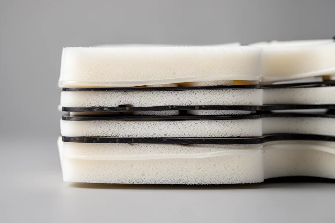Primer plano de una mediasuela de espuma con doble placa de carbono en sección transversal