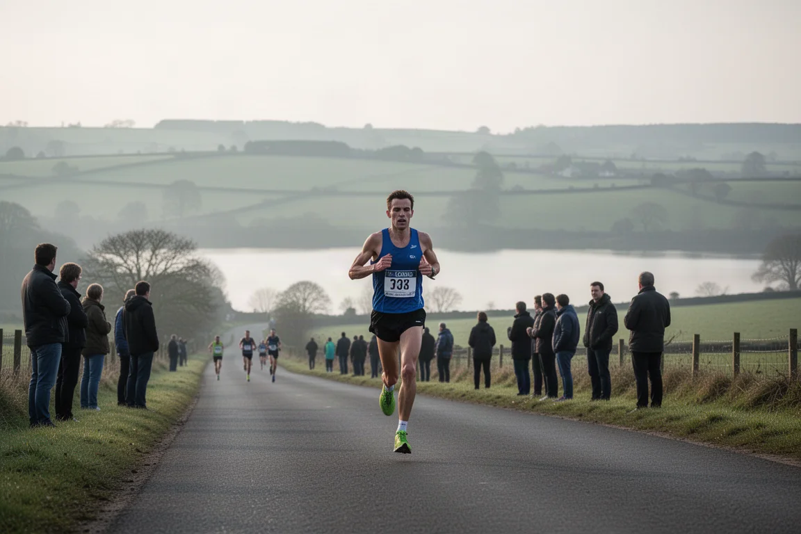 Coureur démarre un marathon sur une route de campagne plate à la lumière fraîche du matin