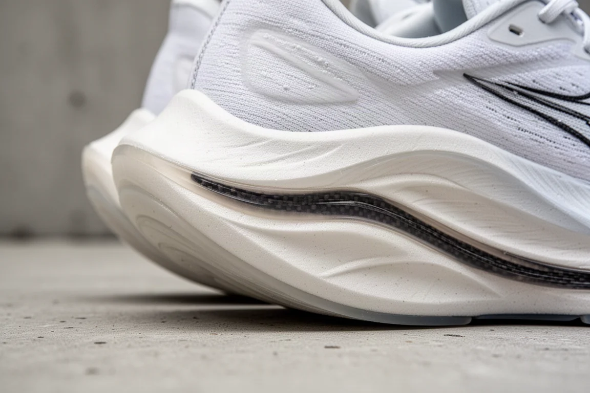 Gros plan sur l'épaisse semelle intermédiaire sculptée d'une chaussure de running montrant la courbe rocker