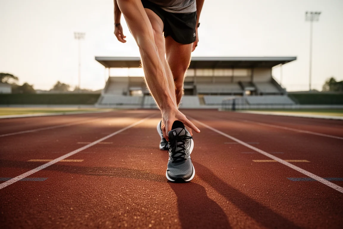 Coureur sur une piste d'athlétisme lors d'une séance d'entraînement paisible